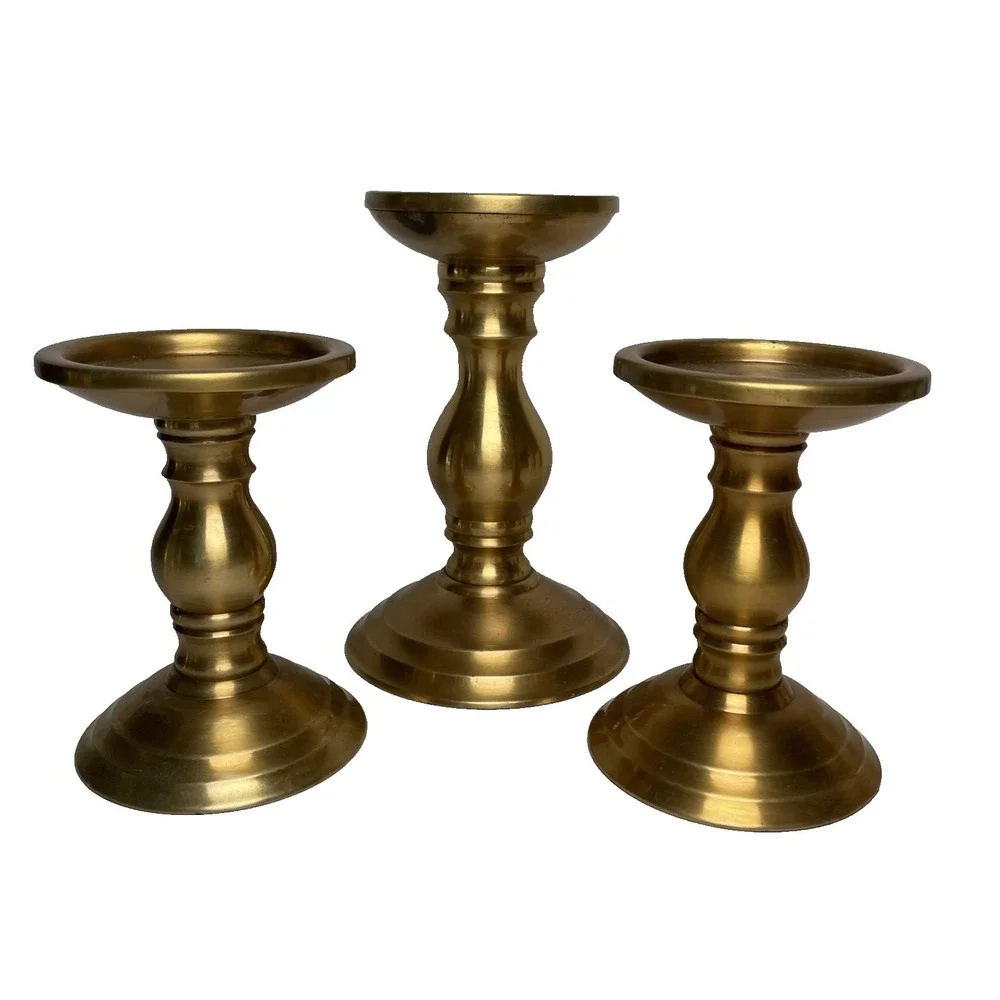 3 WORLD MARKET Brass Candle Stick Classic VINTAGE Holders Pillar Candle 4